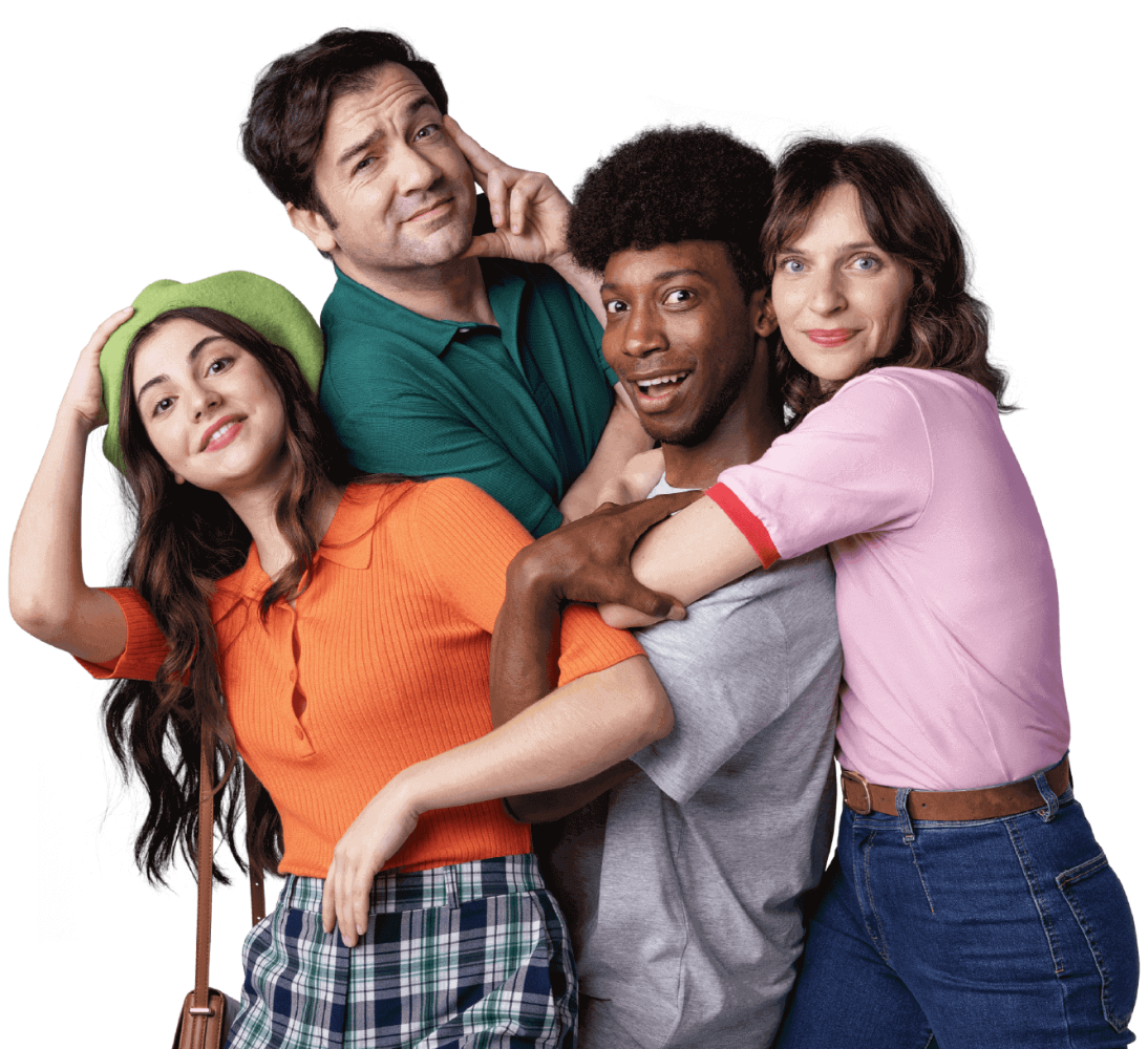 amigo Grupo de quatro pessoas sorridentes, vestidas com roupas coloridas.