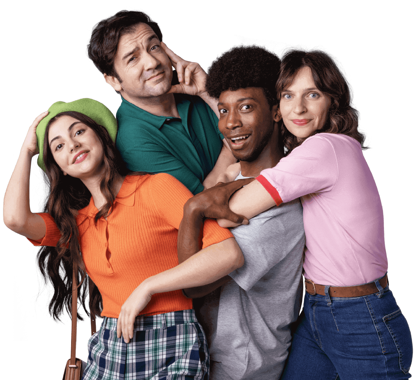 Grupo de quatro pessoas sorridentes, vestidas com roupas coloridas.